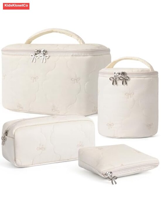 Handbags - 4-Piece Quilted Makeup Bag Set with Bow Zippers, Waterproof Nylon Travel